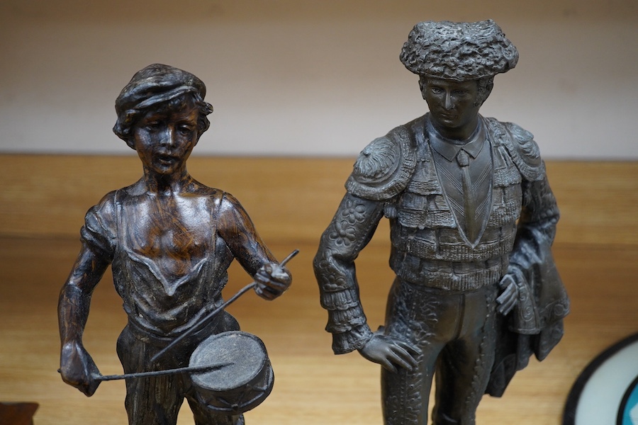 Two spelter figures, including a matador raised on turned wood base, 38cm high. Condition - fair